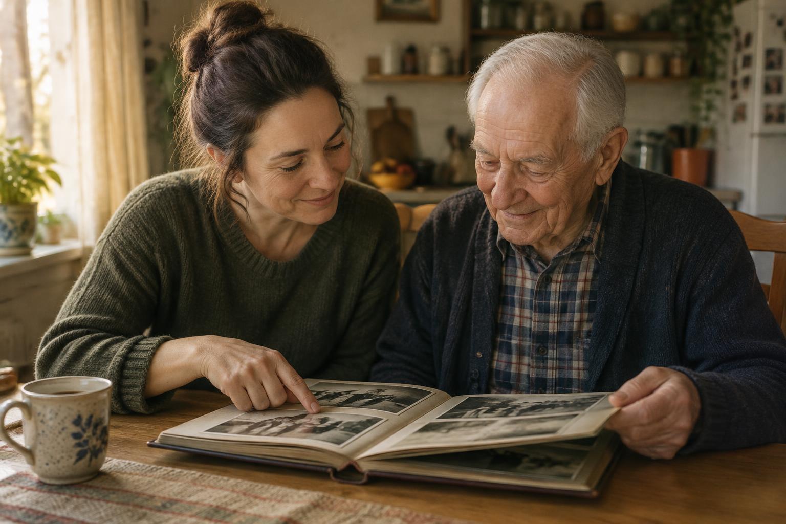 A caregiver and an older man looking through a photo album together at a kitchen table in warm afternoon light.