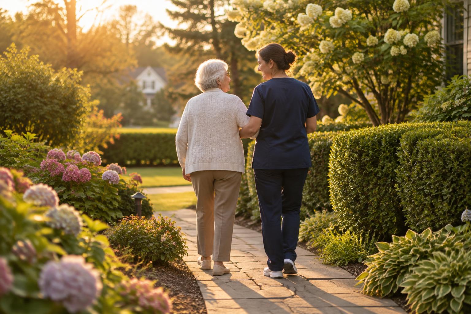 A caregiver and an older woman walking arm in arm along a garden path in late afternoon light.