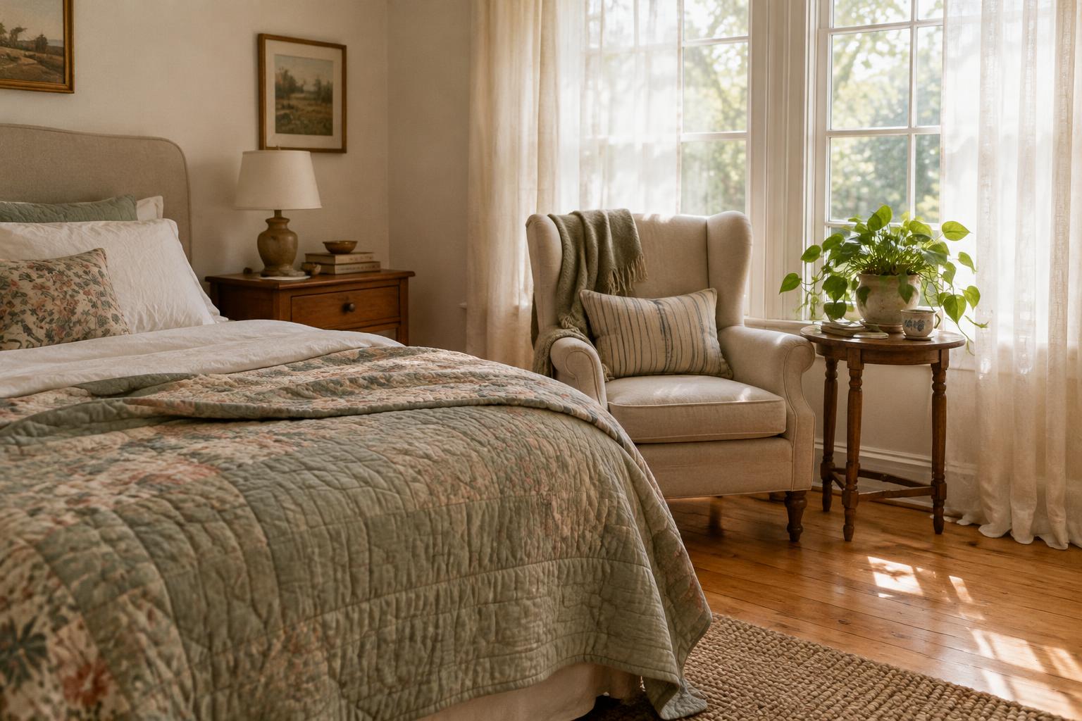 A bright bedroom with a floral quilt, an armchair by the window, and a plant on a small table.
