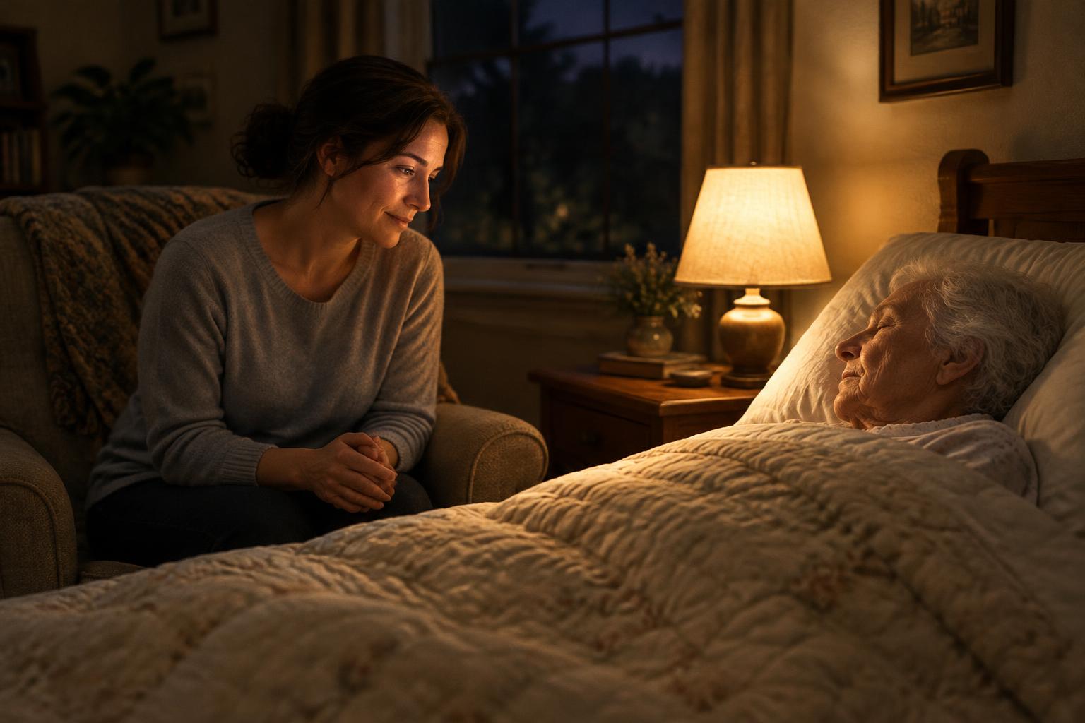 A caregiver sitting in an armchair beside a bed in warm lamplight, watching over a sleeping older woman.