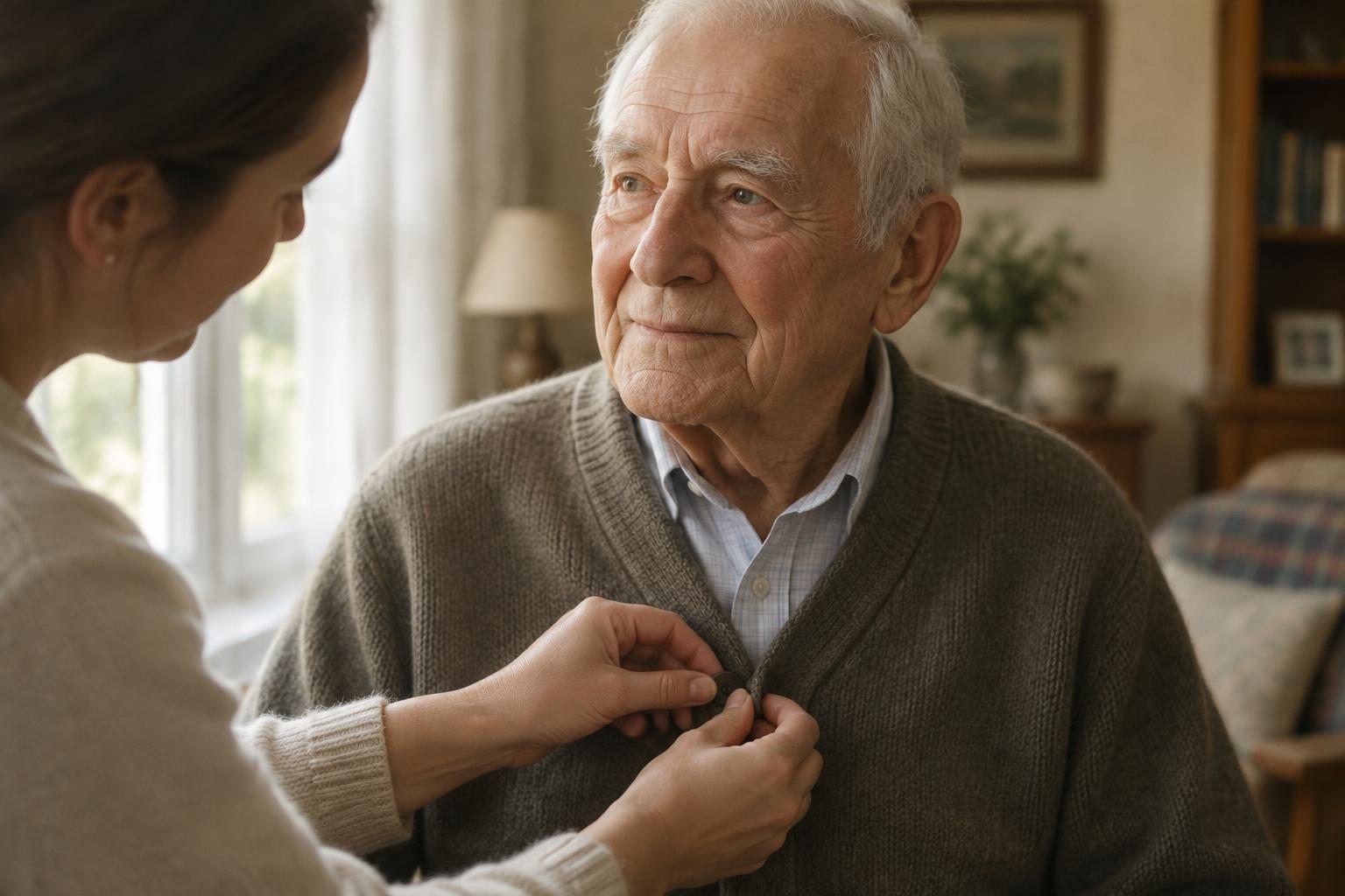 A caregiver gently helping an older man button his cardigan.