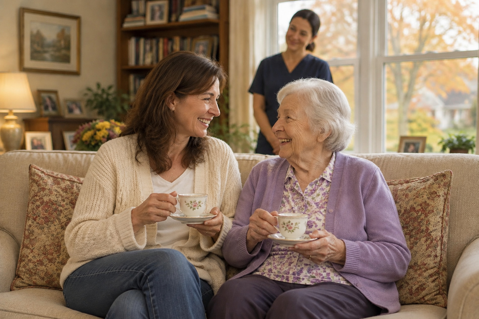 A grown daughter and her mother sharing tea and laughing together on a sofa.